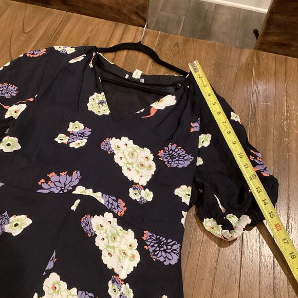 Lewit Navy Blue Floral short Dress Puff Half Sleeves Sheath Split Hem 10 viscose - Picture 6 of 11